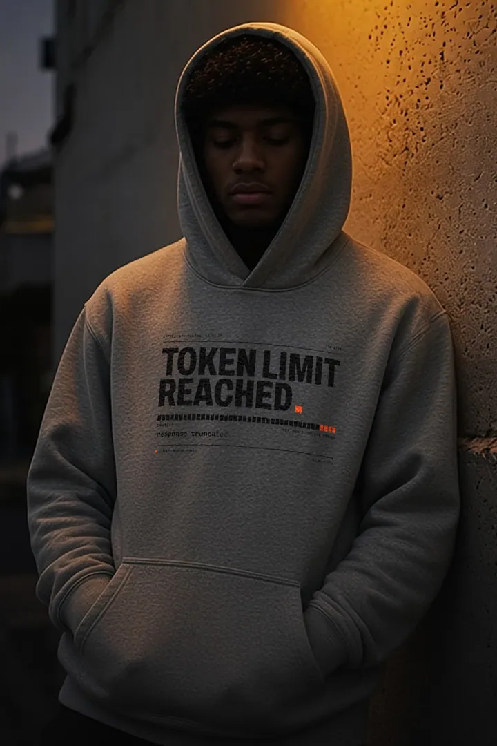 A person in the Token Limit Reached Hoodie, Heather Grey, front print reading TOKEN LIMIT REACHED, leaning on a wall at dusk.