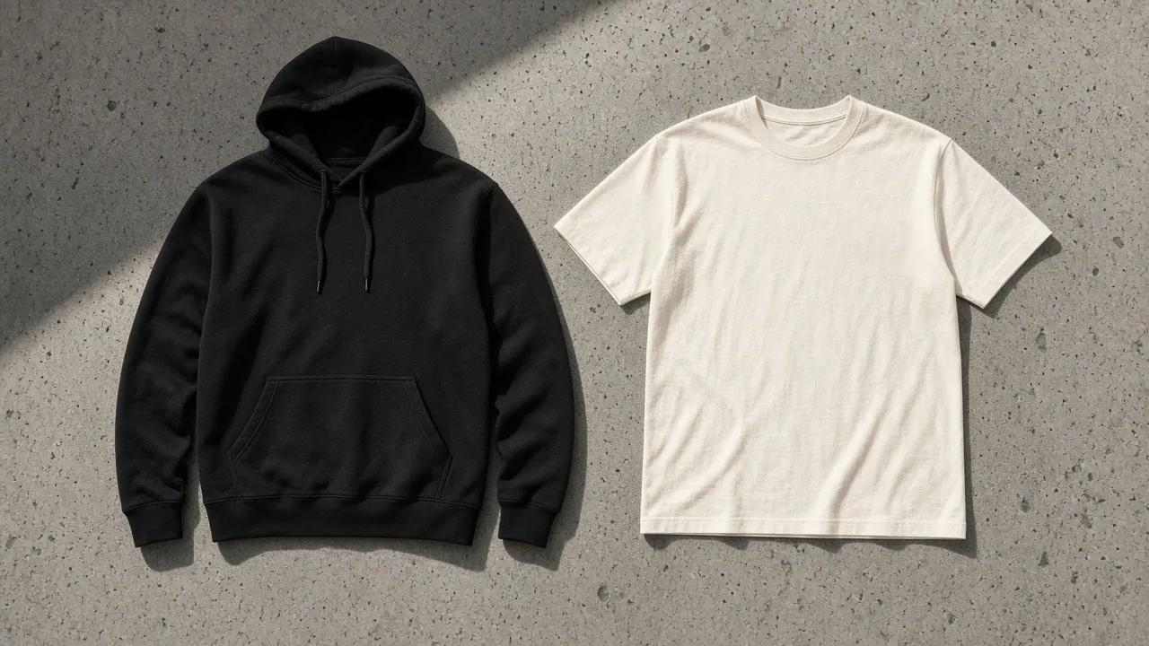 Mood image: a plain black hoodie and a plain off-white tee laid flat on grey concrete in hard daylight.