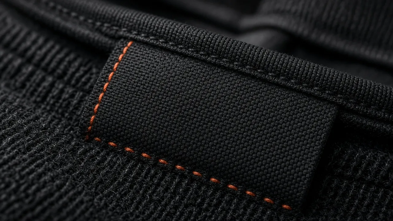 Mood image: close-up of a blank black woven label stitched into a seam with orange thread.