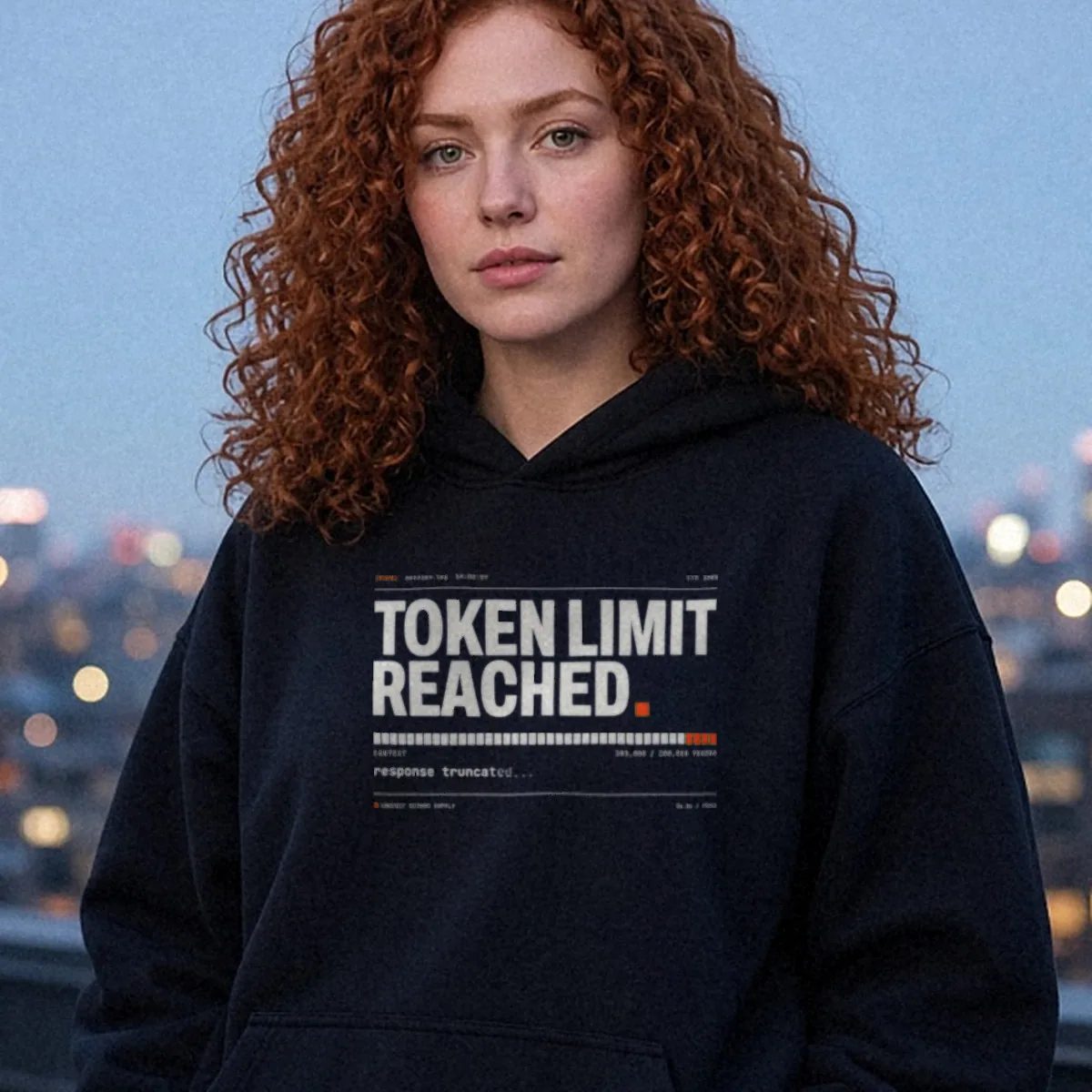 AI-generated render of the Token Limit Reached Hoodie in Black on a model, front view: front print styled as a system log line reading TOKEN LIMIT REACHED.