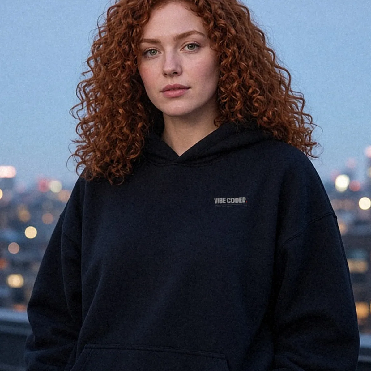 AI-generated render of the Vibe Coded. Shipped Anyway. Hoodie in Black on a model, front view: small left-chest print reading VIBE CODED.